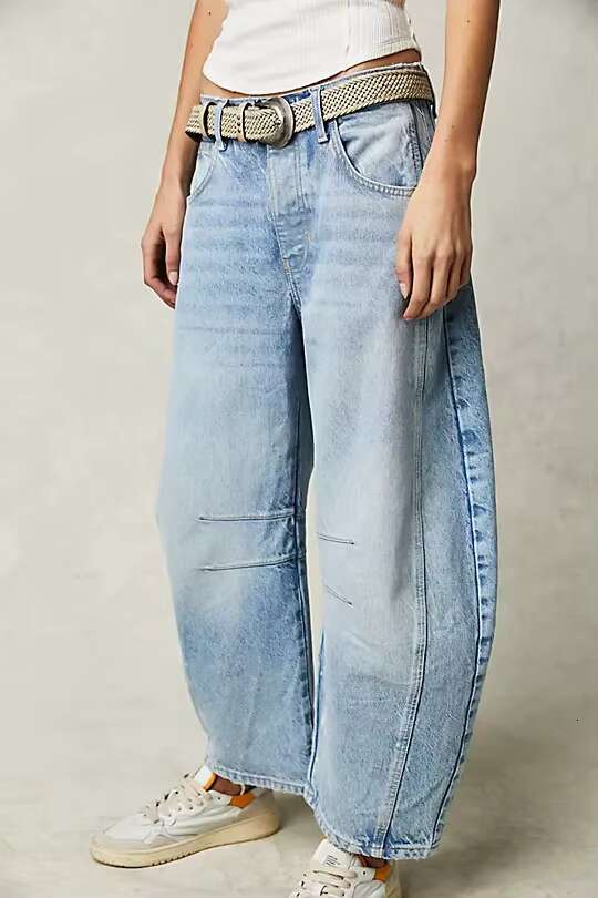 Free Shipping American Style Denim Splice Design Straight Pants People Boho Loose Mid Waist Trousers Cropped Jeans