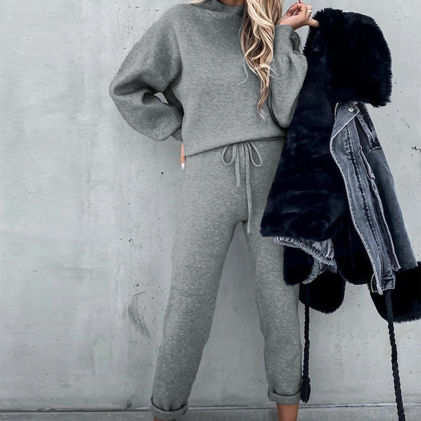 Womens Fleece Tracksuit Hooded Sweatshirt Autumn Solid Blouse Pants 2Pieces Set Long Sleeve Pullover Drawstring Sportswear 250122