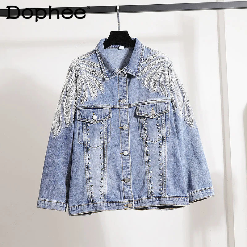 StreetWear Loose Jean Jacket Women Denim Jackets Autumn Fashion Heavy Beads Diamond Embroidered Flower Female Coats Top 250116