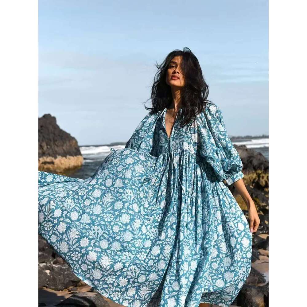 Spring Oversized Holiday V Collar Half Sleeve Loose Midi Large Size Casual Printing Long Dress Boho Vestidos