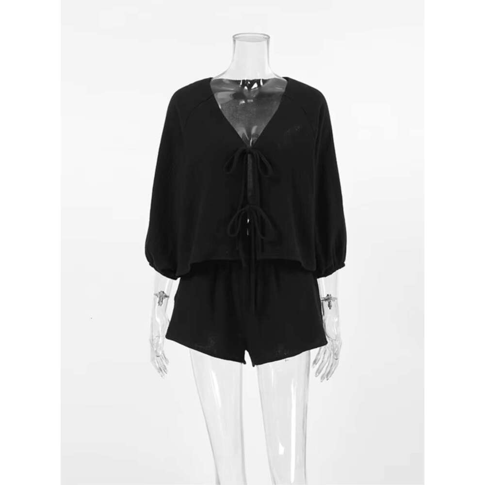 Black Casual Thin Suits For Women New V-Neck Puff Sleeve Lace-Up Blouse+Shorts Sets Autumn Elegant Simple Home 2 Piece Set