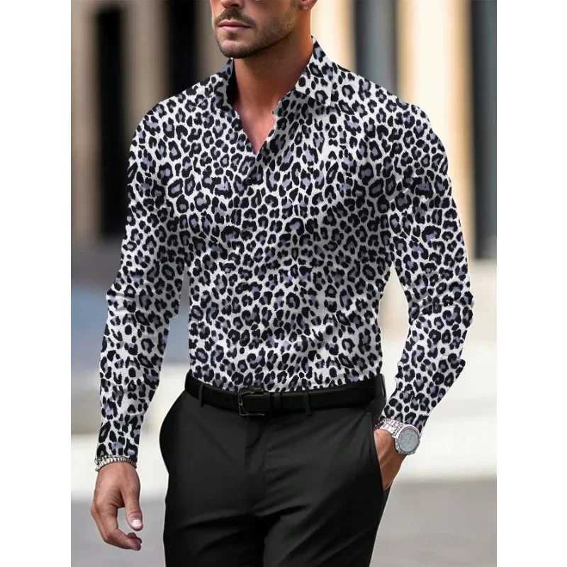 New Mens Thin Long Sleeve Shirt Leopard print Comfortable Breathable Jacket Flip Collar Single breasted Shirt M250121