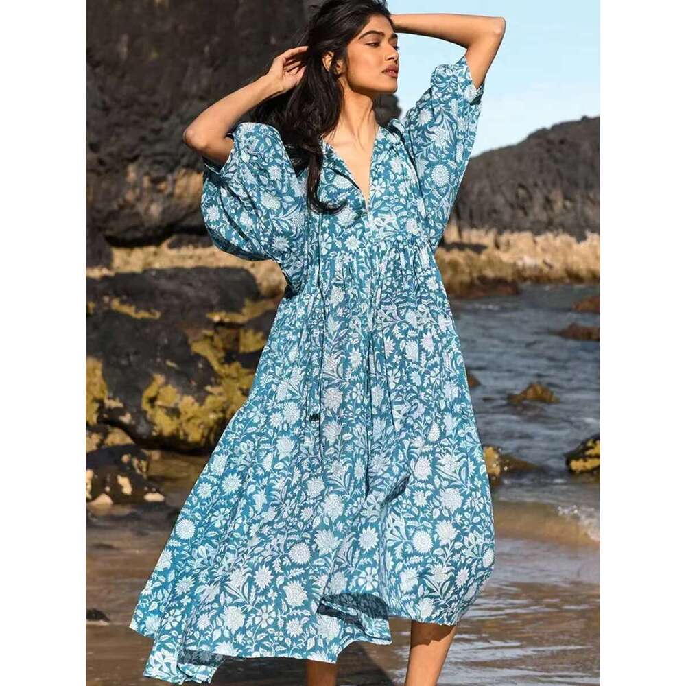 Spring Oversized Holiday V Collar Half Sleeve Loose Midi Large Size Casual Printing Long Dress Boho Vestidos