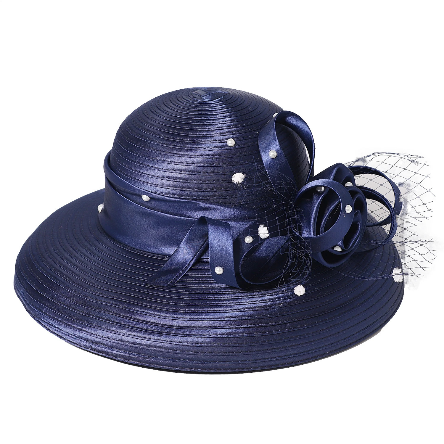 FS Wide Brim Fascinator Hats For Women Elegant Wedding Bridal Top Hat With Veil Flower y Navy Church Dress Derby Caps 250118
