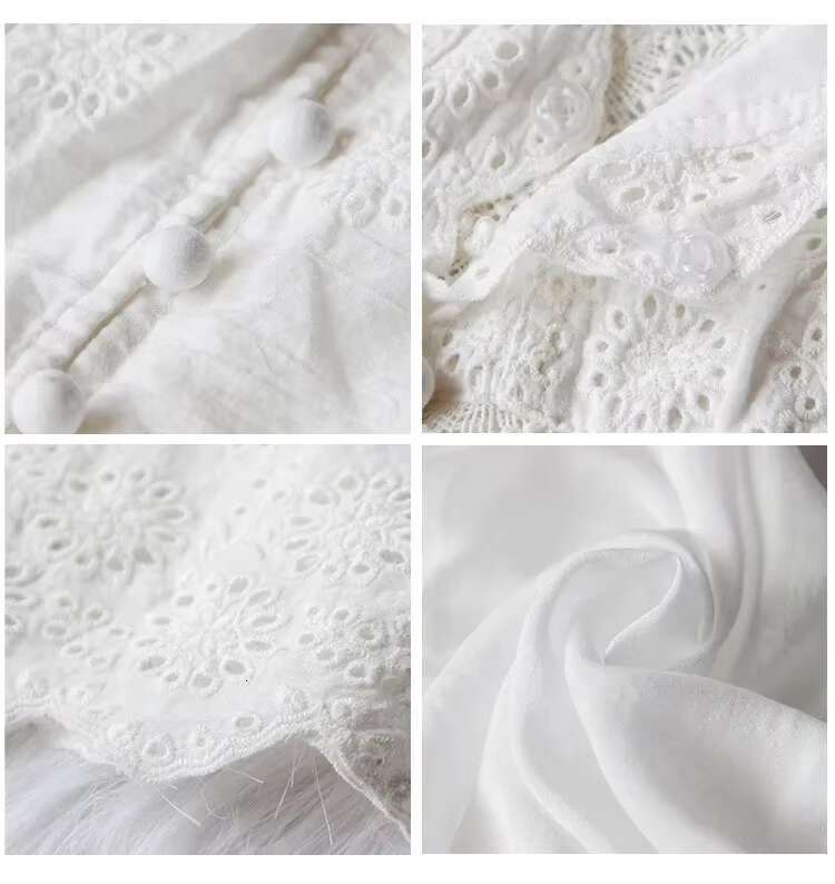 Summer White New Ladies Embroidery Midi Dress V-Neck High Waist Cotton Long Dresses Button Up Lace Boho Vestidos