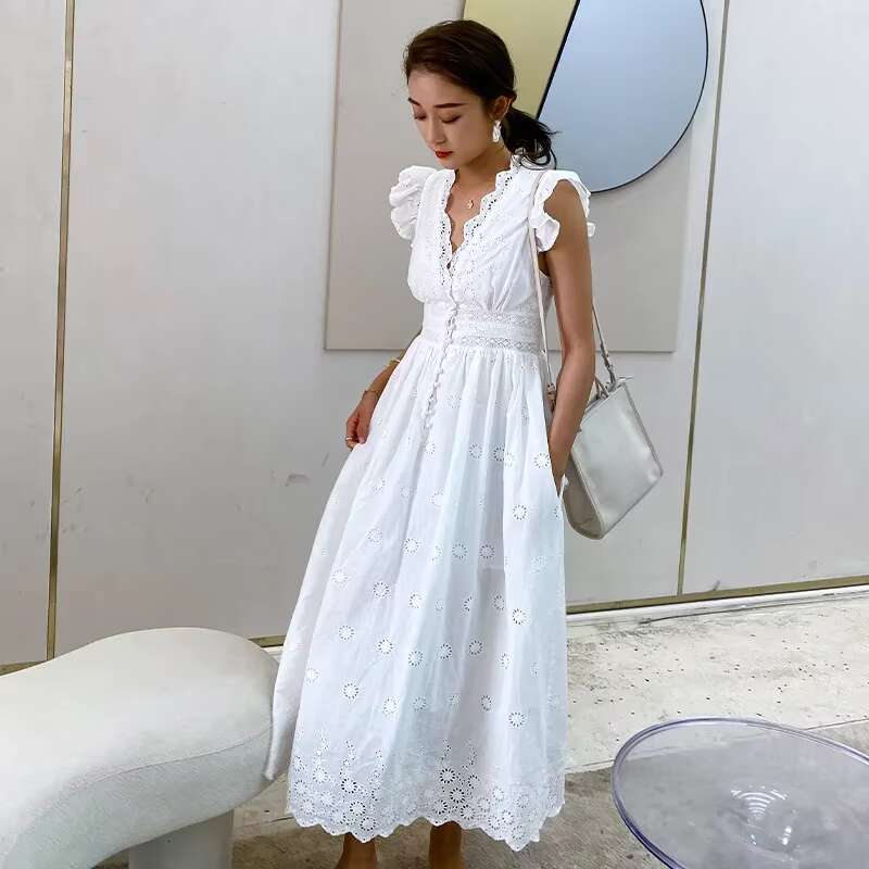 Summer White New Ladies Embroidery Midi Dress V-Neck High Waist Cotton Long Dresses Button Up Lace Boho Vestidos