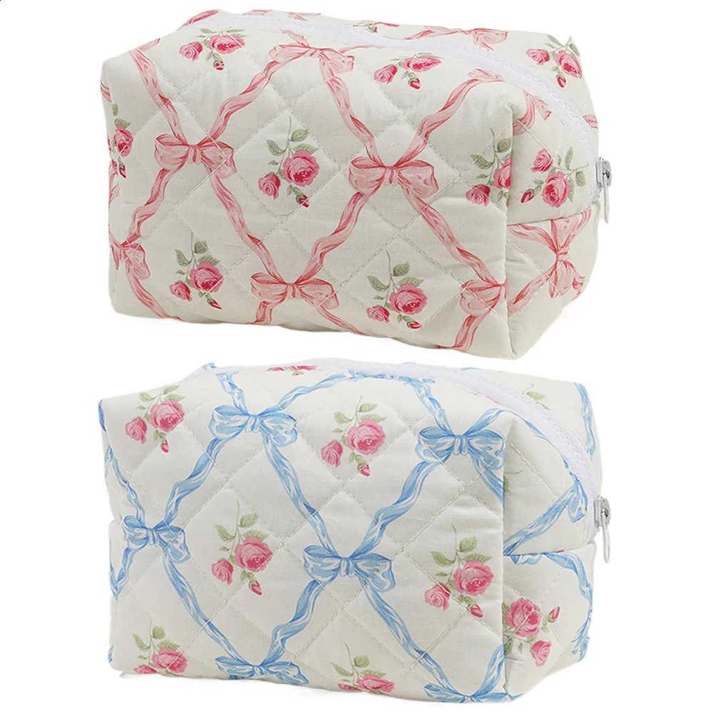 Cute Bow Floral Makeup Bag with Zipper Makeup Organizer Storage Bag Cotton Quilted Cosmetic Organizer Case Large for Women Girls250114