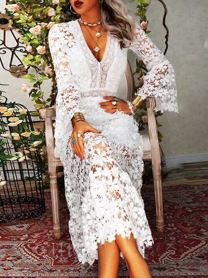 New Full Of Lace Long V Neck Hollow Out Embroidery Ral White Party Dress Hook Design Romantic Vestidos