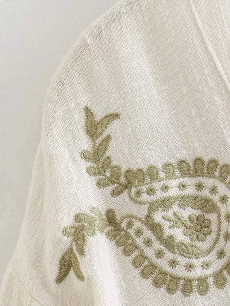 Embroidered Print Cotton Linen Shirt Women Loose Vneck Lantern Sleeve Female Blouses 2024 Spring Summer Lady Casual Solid Tops 250122