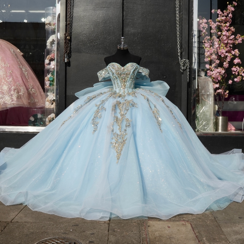 Sky Blue Quinceanera Dresses Ball Gown Off The Shoulder Applique Lace Beading Bow Tull Party Birthday Sweet 16 Dress Vestidos 15 De Anos