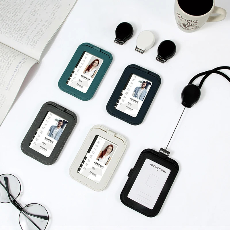 CASEKEY Retractable Lanyard ID Badge Holder Leather Bank Bus Metro Pass Card Case Cover Men Women Name Tag Card Holder Strap 250207