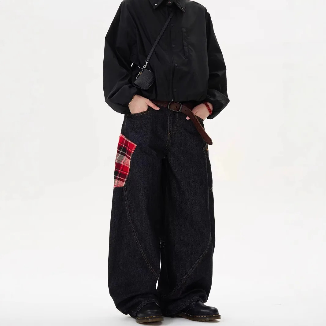 Scottish Plaid Splicing Arc Wide Baggy Jeans Y2k Spring and Autumn Streetwear Washed Oversized Straight Wide Leg Jeans 2024 250108