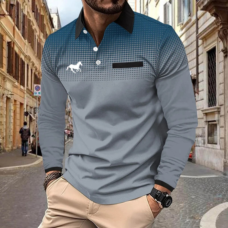 Fashionable Mens Top T-shirt Item Gradient Color Autumn Mens Long Sleeved Polo Shirt 250118