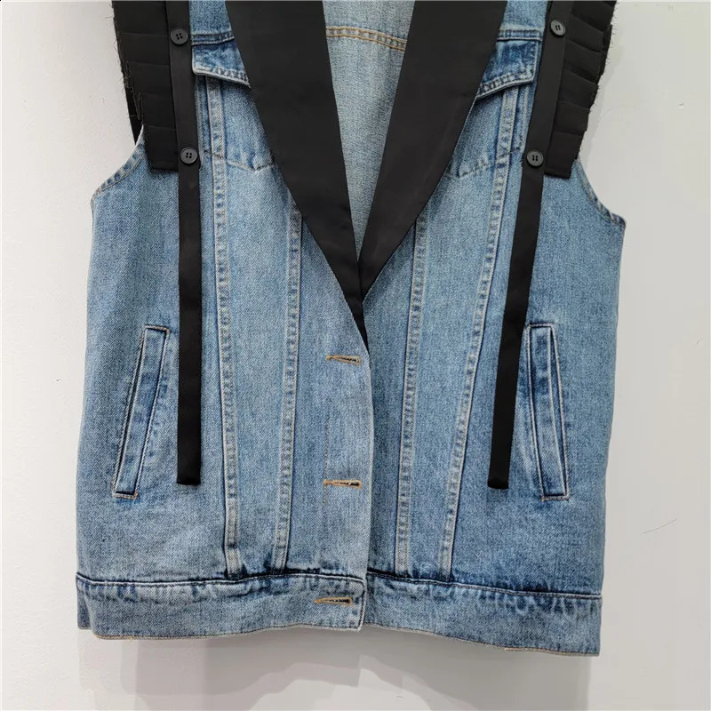 Vintage Blue Suit Collar Splicing Denim Vest Women Loose Long Waistcoat Cowboy Sleeveless Jacket Coat Pocket Jeans Vest Female 250122