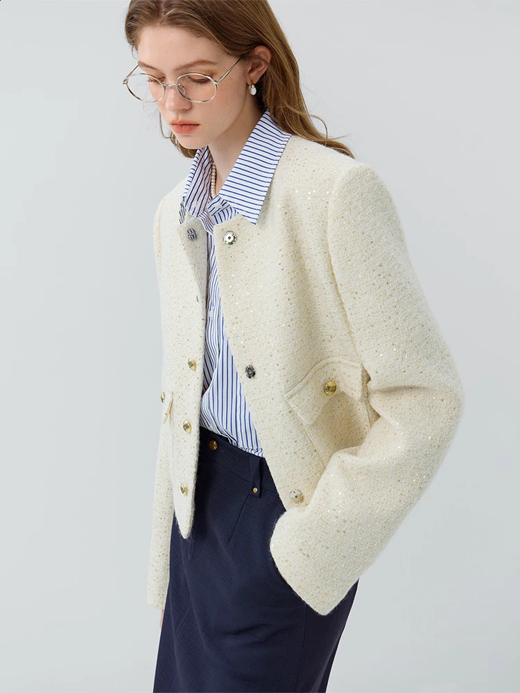 FSLE 51%Wool Office Lady Short Style Small Wool Texture Jacket for Women Spring Autumn Temperament Tweed Coats Female 250122