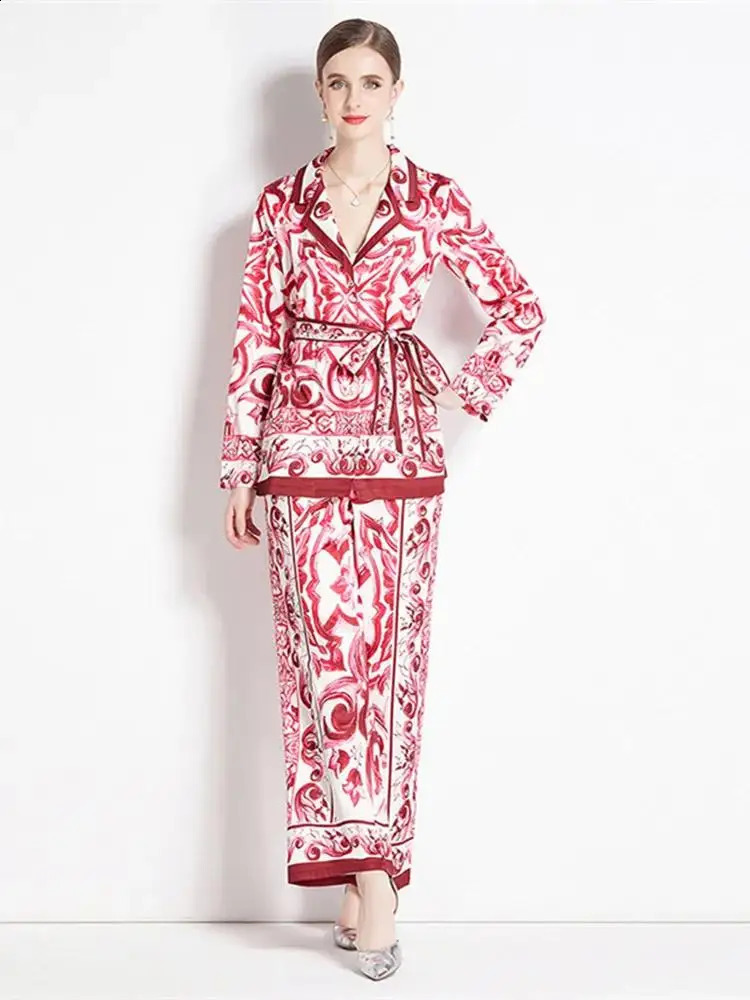 High Quality Twopiece Set For Women Notched Collar Red Blue White Porcelain Print Jackets Top Floral Wide Leg Pants Suits 250108