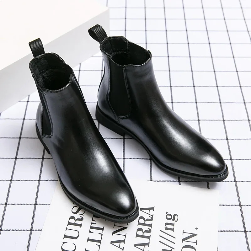 2024 Leather Men Chelsea Boots er Italy Dress Boots Men Fashion Casual Warm Plush Business Ankle Boots Big Size 48 250120