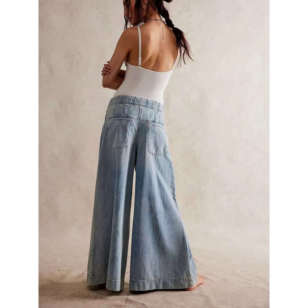 Free Style Full Length Mid Waist Boho Folds Cotton Hippie Wide Leg Pants 3Xl Trousers Chic People Jeans