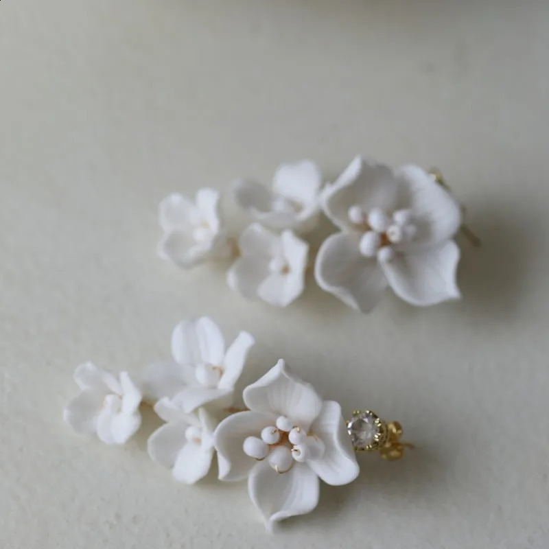 Ins Porcelain Flower Wedding Earrings Bridal Jewelry Gold Silver Color Handmade Women Drop Earring 250117