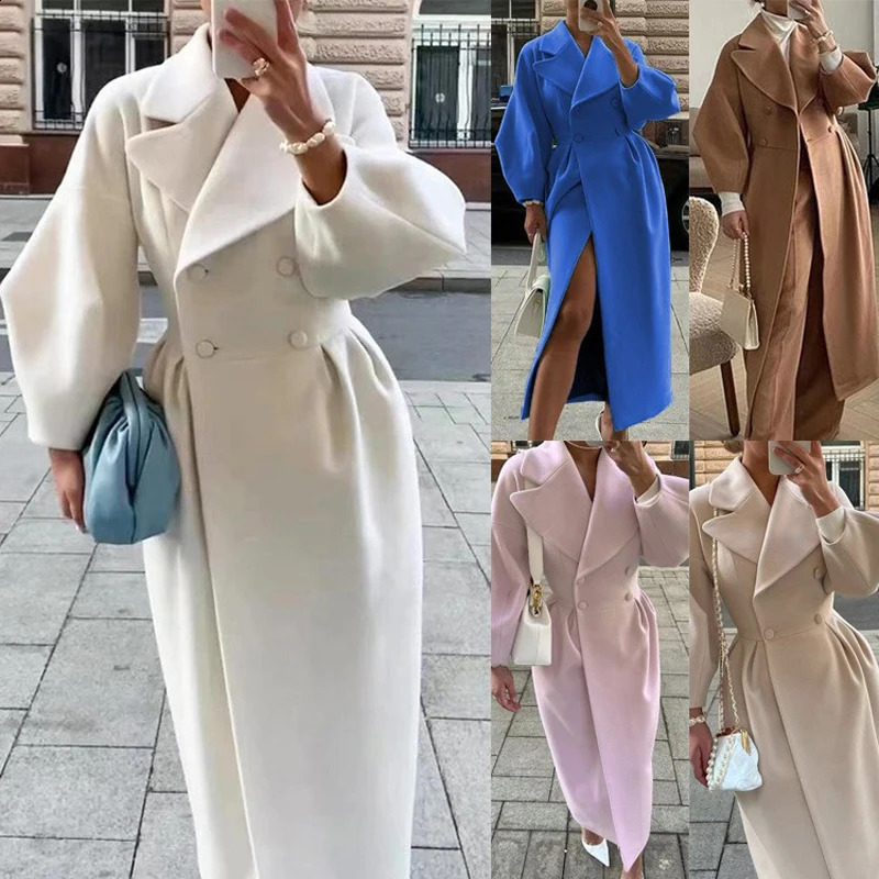 Women Loose Coat Lapel Double Breasted Long Sleeve Jacket Winter Warm Thick Vintage Solid Trench Outwear Chic Lady Outfits 250113Z