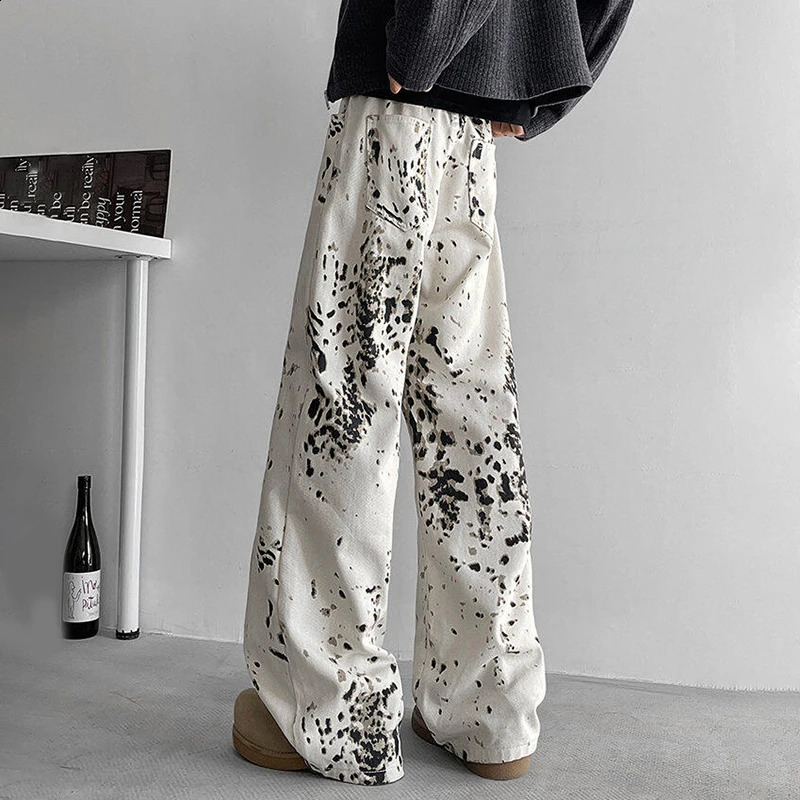 MWJQ Leopard Print n Jeans Mens High Street Loose Wide Leg Pants Full Length Denim Trousers 2025 Fashion 010033 250120