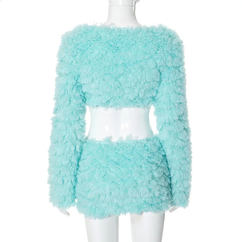 Sexy Fur Crop Tops 2 Piece Skirt Sets Mini Dress Winter Fall Clothes Club Outfit Elegant Ladies Two Piece Skirt Sets 250113
