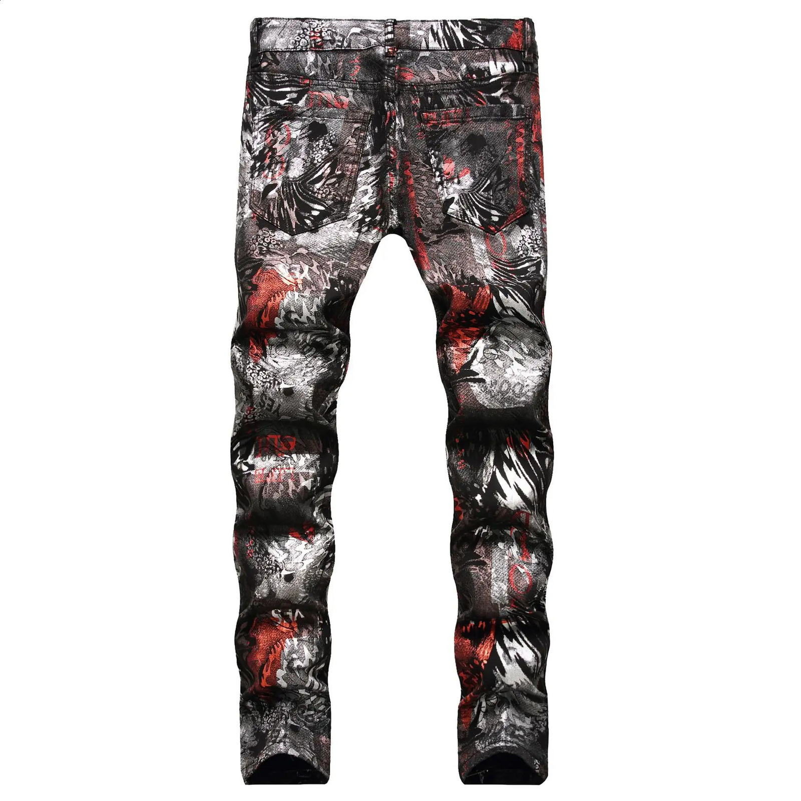 Mens European-style fashion PU jeans mens personality leopard print pattern painted print graffiti slim jeans men 250120