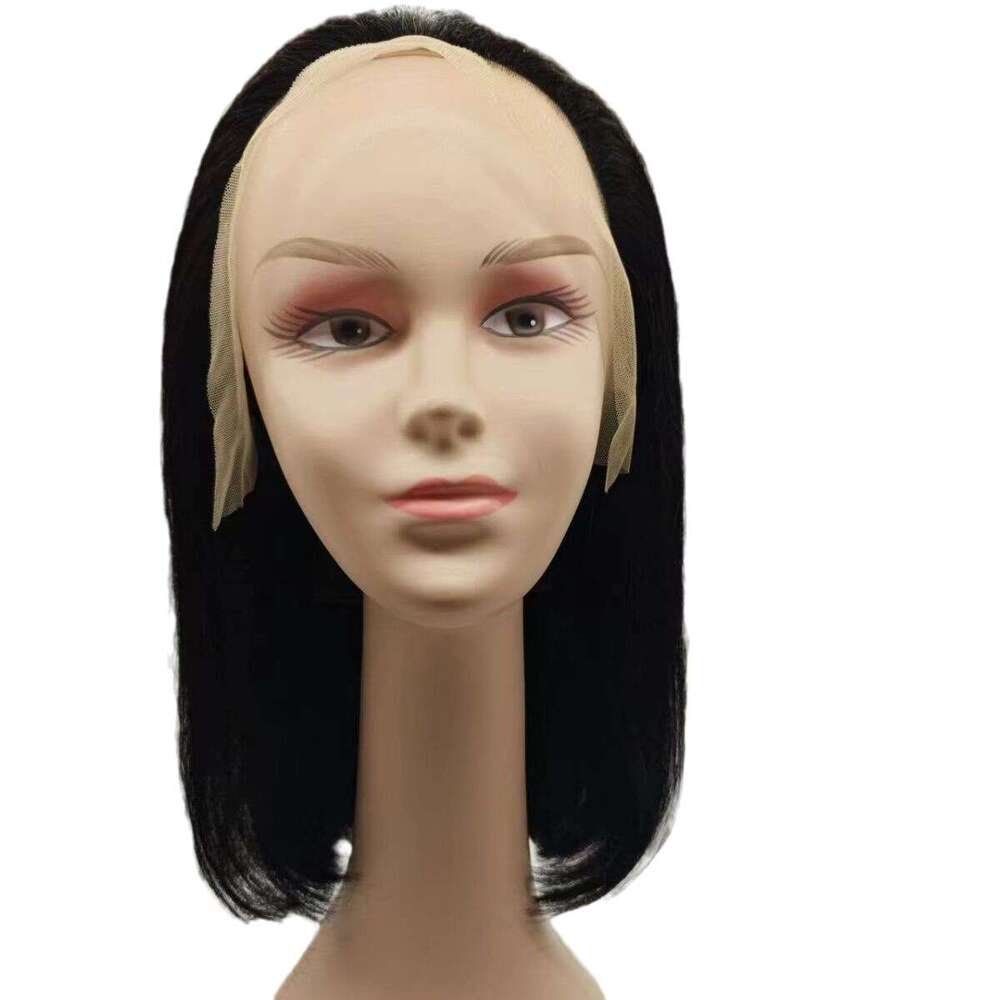 Lace Front Wig Cover T Shape Front Lace Wig Full Short Straight Bobo Bow Head Human Hair X Natural Black Hair Set