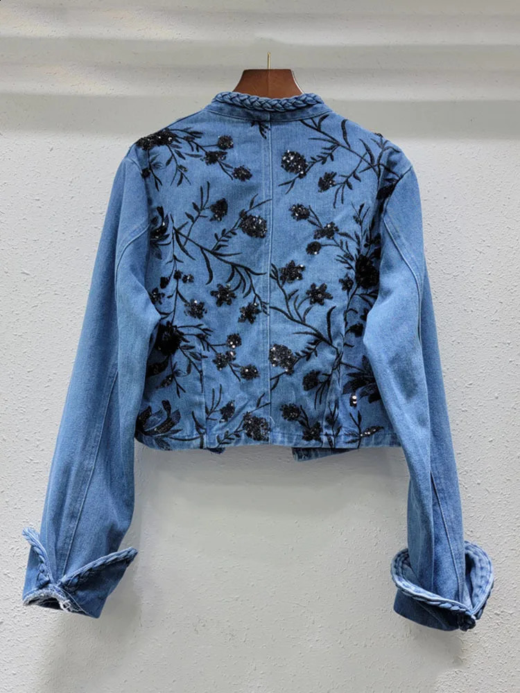 DEAT Trendy Items Womens Embroidery Sequins Denim Coat Summer Fashion V-neck Long Sleeves Jacket Female 33A1261 250116