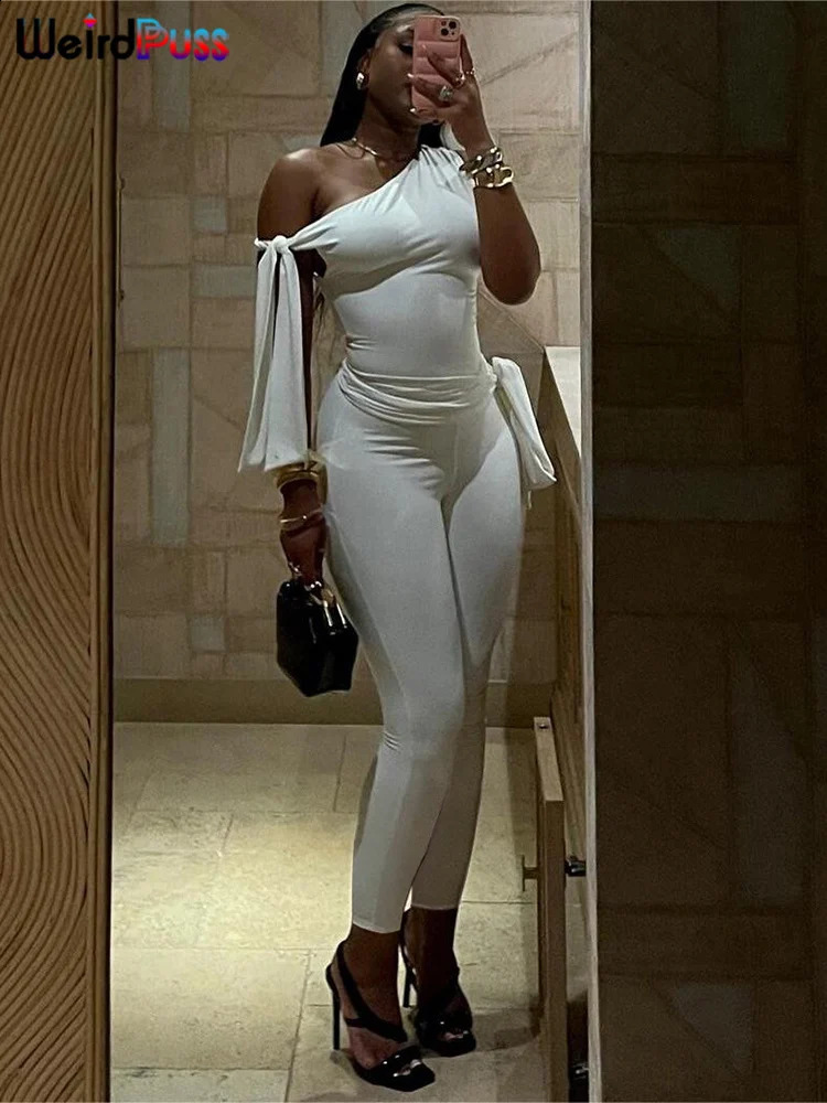 Weird Puss Chic Elegant 2 Piece Set Women Tracksuit Skew Collar Ribbon Tank TsopLeggings Casual Skinny Stretch Matching Outfits 250113