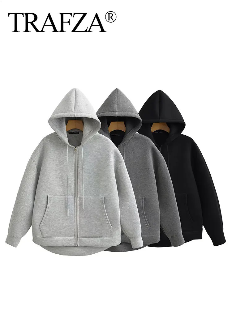 TRAFZA Autumn Women Gray Jacket With Hood Long Sleeve Big Pocket Zipper Coat Woman Loose Casual Outerwear Tops 250113