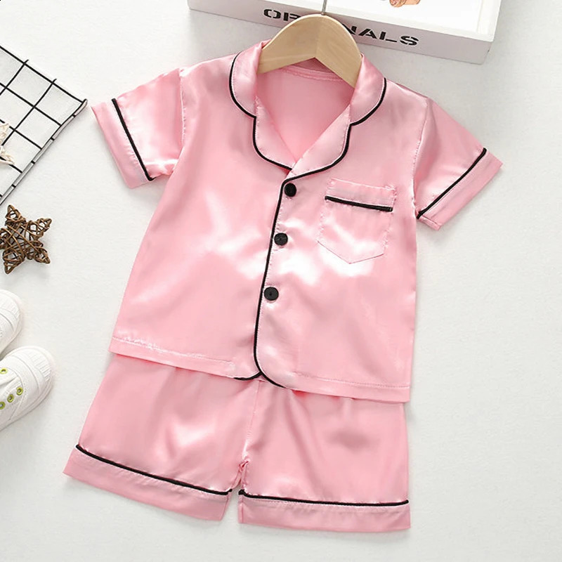 Summer Thin Clothes Sets for Children Nightwear Boys Girls Satin Pajamas Kids Baby Toddler Pyjamas Teen Lapel Casual Sleepwear 250121