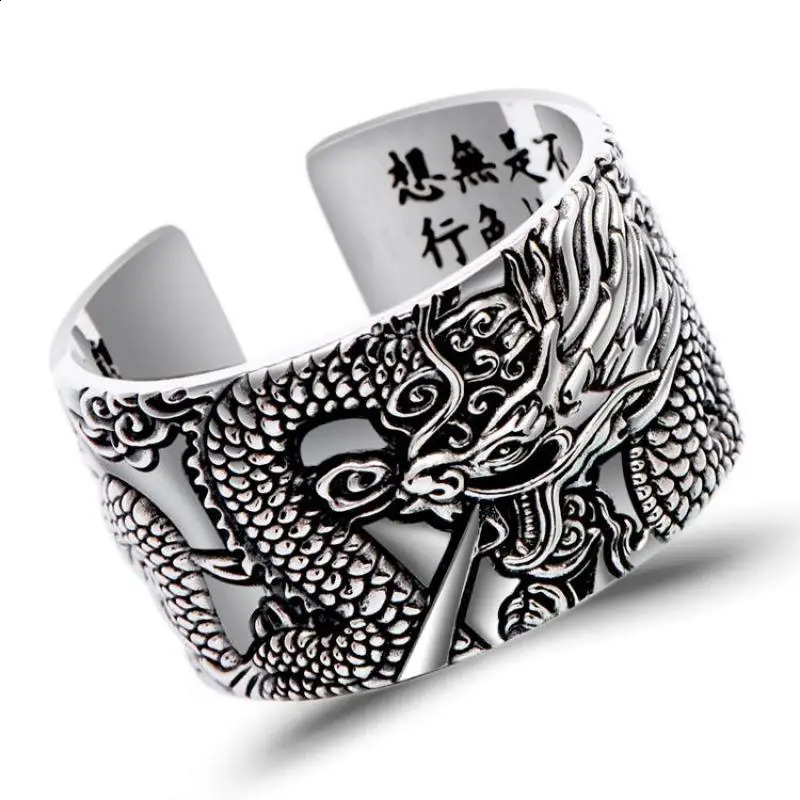 Real 925 Pure Silver Mens Biker Rings With Flying Dragon Vintage Punk Style Heart Sutra Engraved Buddhism Animal Jewelry 250117