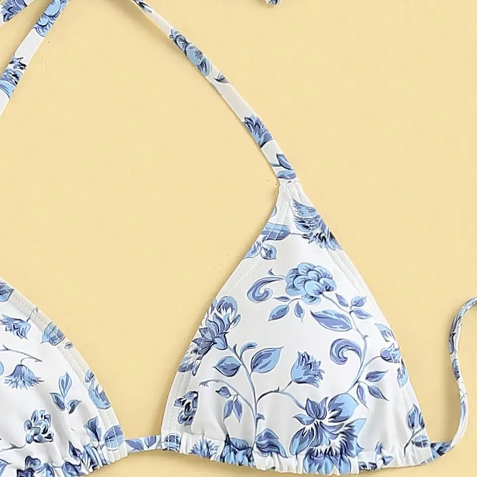 3 Piece Bikini Suit Print Flower Sexy Triangle Cup Hang Neck Swimwear Blue Female High Slit Skirt Women Beach 250122