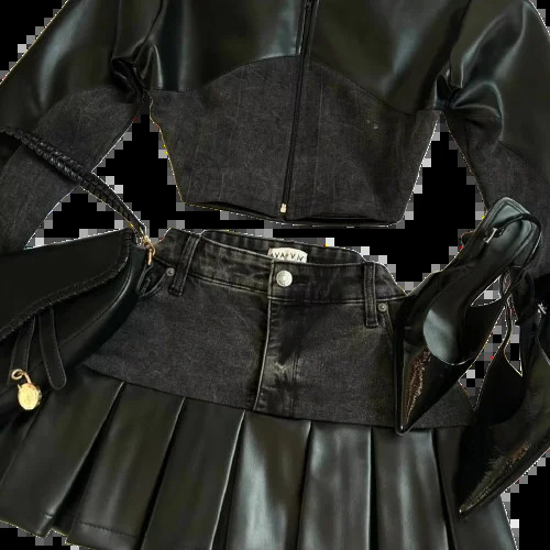 Leather patch work denim twopiece set womens Y2K retro leather cloth jacket ultrathin fashion cutting top long sleeved zipper 250122
