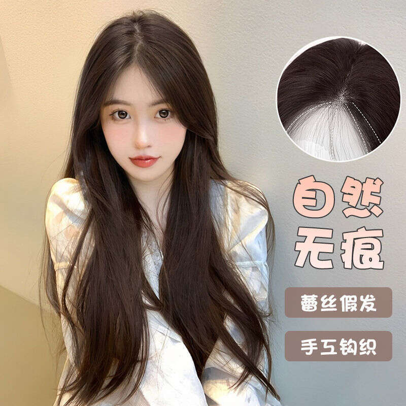 Lace Front Wig Cover T Shape New Front Lace Mesh Split Bangs Fashionable Natural Black Long Straight Simulated Hair Hand Woven Full Head Wig Wig