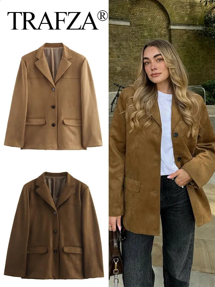 TRAFZA Trendy Suede Blazer For Women Autumn Causal Solid Color Single Breasted With Pockets Long Sleeves Lapel Retro Coats 250109