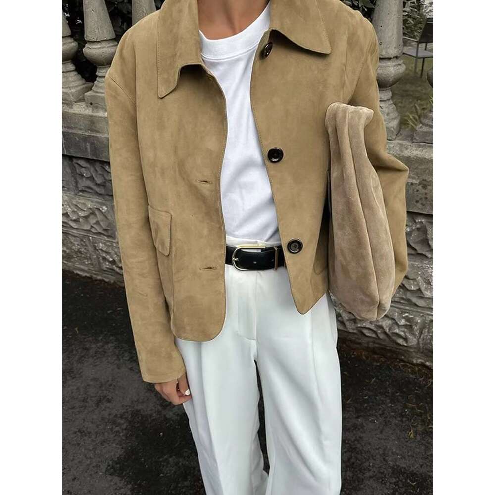 New Solid Soft Suede Jacket Women Autumn Single Breasted Long Sleeve Cropped Jackets Streetwear Fashion Vintage Outerwear