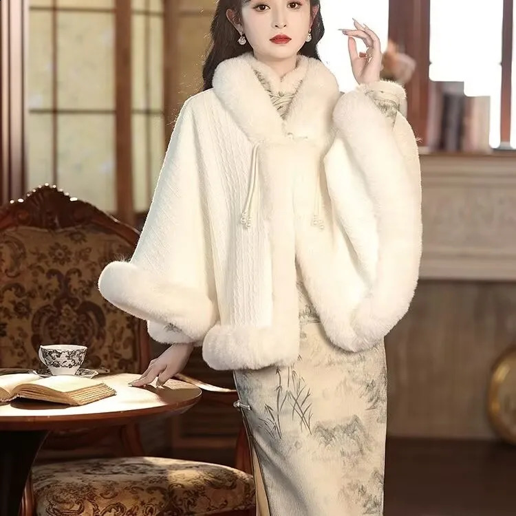Cloak Poncho Capes Chinese Style Qipao Shawl With Thickened Autumn Winter Fur Plush Women Cape Lady Coat White 250121
