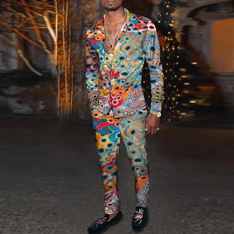 Shirt Set Mens 3D Printing 2PCS Fashion Breathable Business Simple Lapel Long Sleeve And Pants 250120