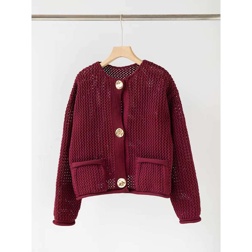 Pocket Solid Knitted Cardigan Women Autumn Single Breasted Long Sleeve Sweater Vintage Fashion Hollow Out Jumper Outerwear