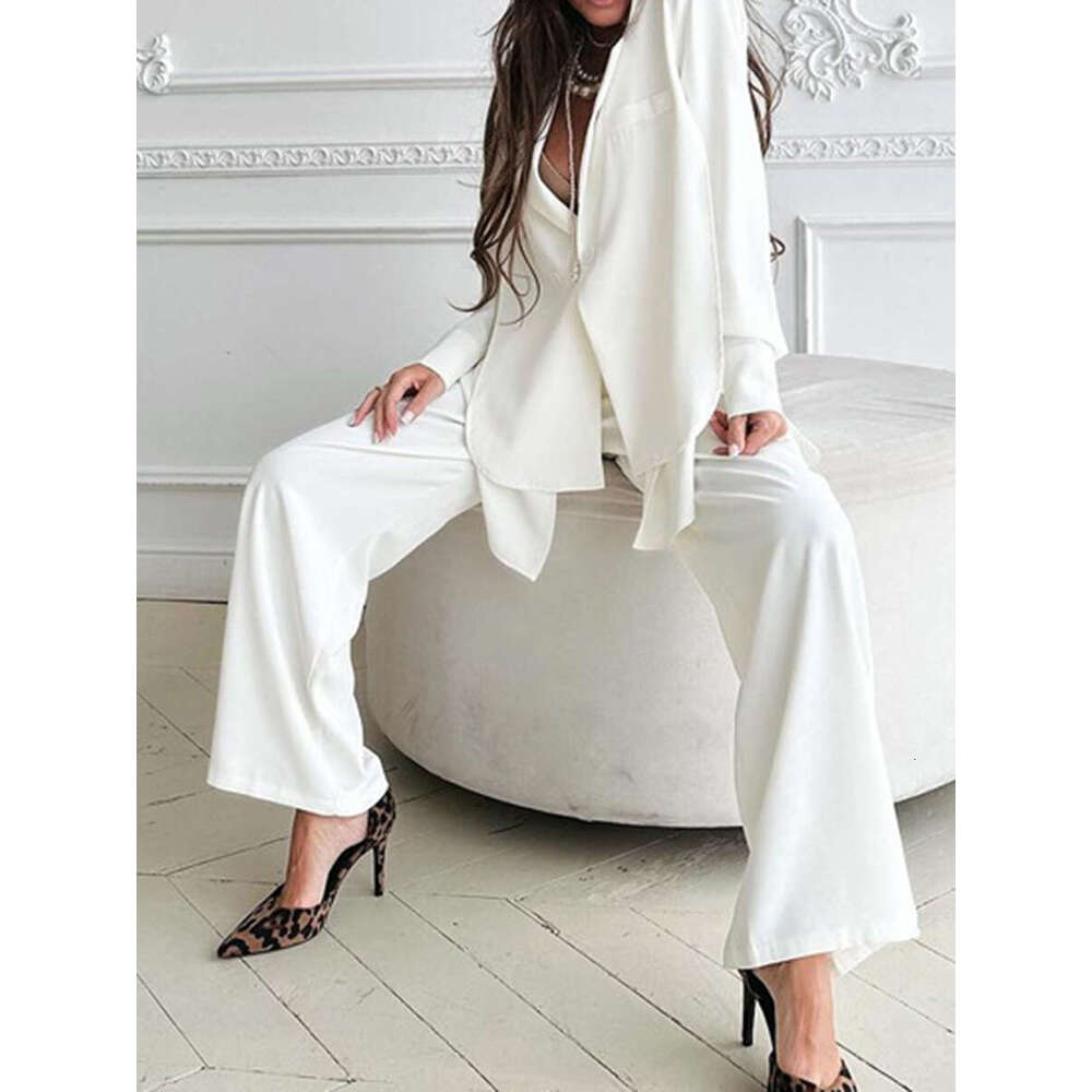 Autumn New White Thin Blazer Suits For Women Long Sleeve Asymmetrical Blazers+Wide Leg Trouser Casual Elegant Two-Piece Set