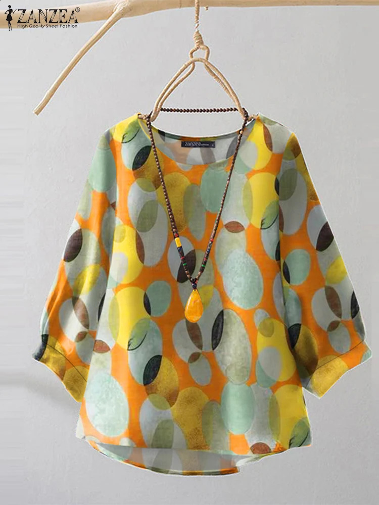 ZANZEA Vintage Polka Dot Blouse Fashion Summer 34 Sleeve Tops 2025 Irregular Hem Round Neck Shirt Chic Holiday Colorful TOP 250122