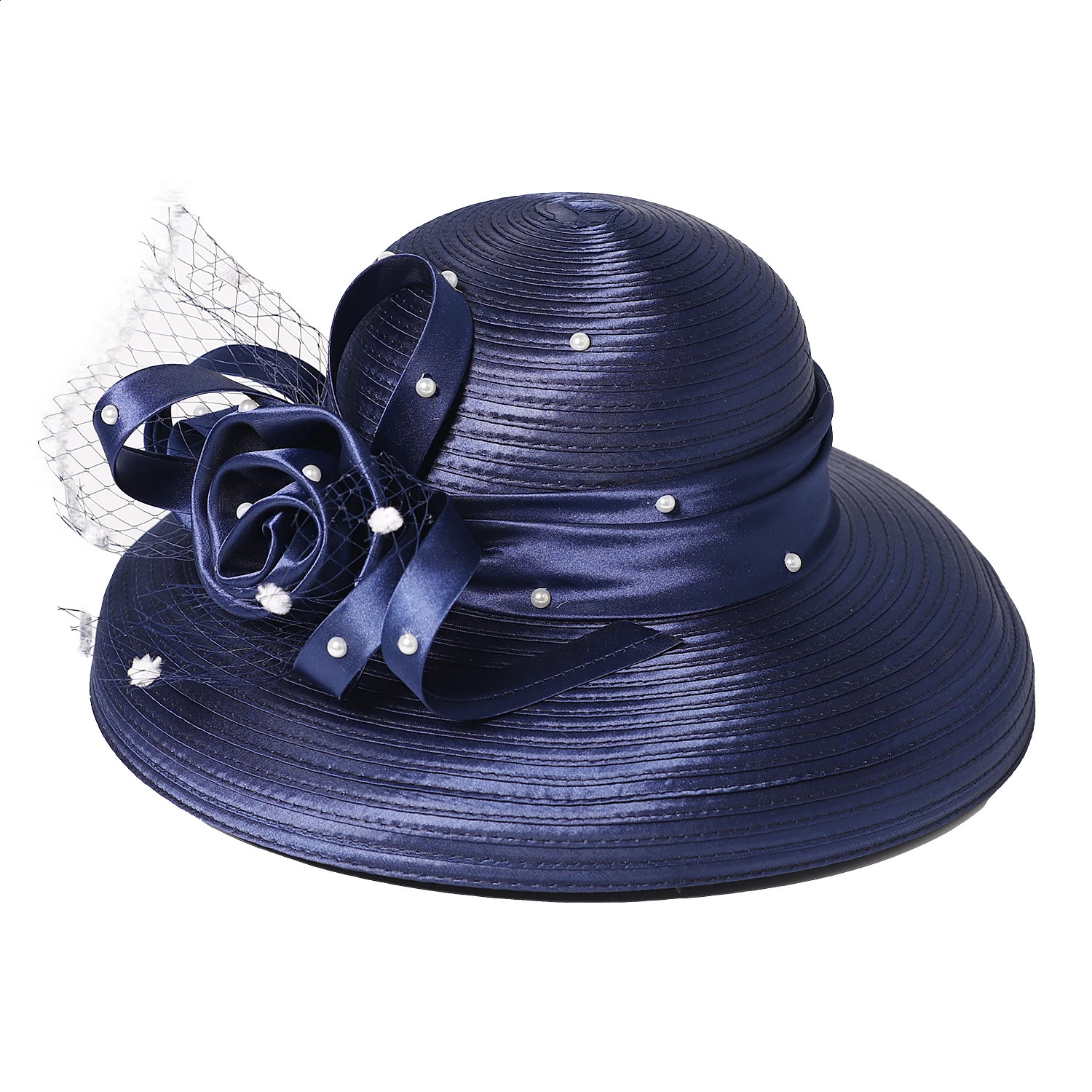 FS Wide Brim Fascinator Hats For Women Elegant Wedding Bridal Top Hat With Veil Flower y Navy Church Dress Derby Caps 250118