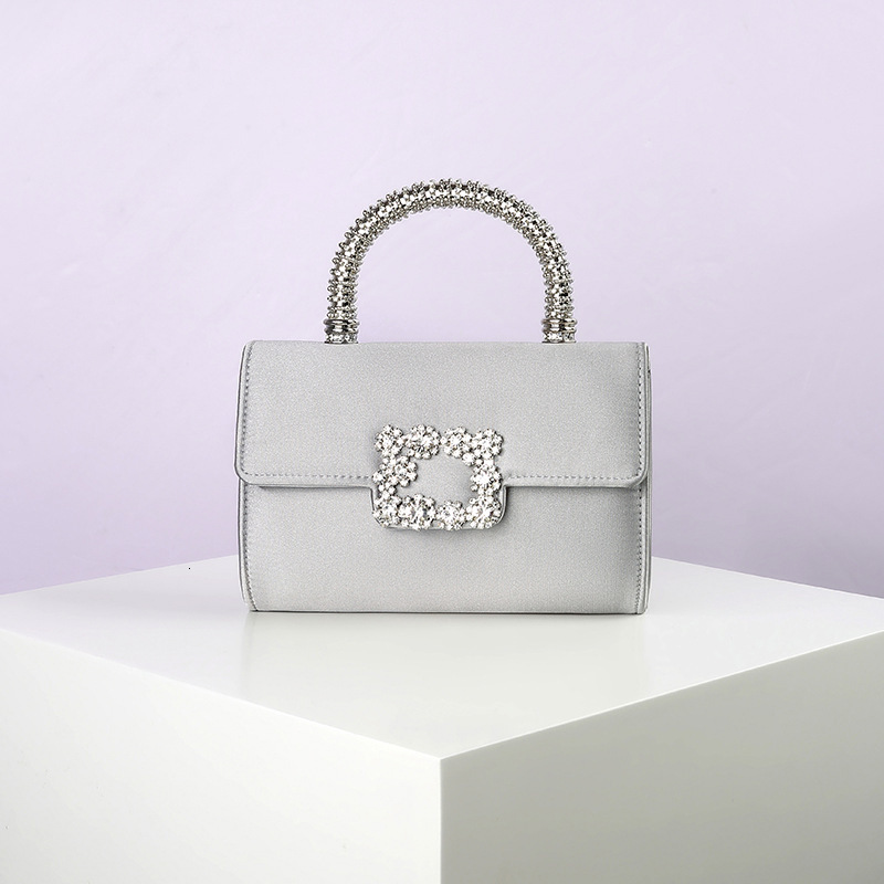 RV Rhinestone Imitation Silk Chain Single Shoulder Diagonal Cross Hand-Held Bag, Silver Buckle Versatile Fashionable Dinner Bag