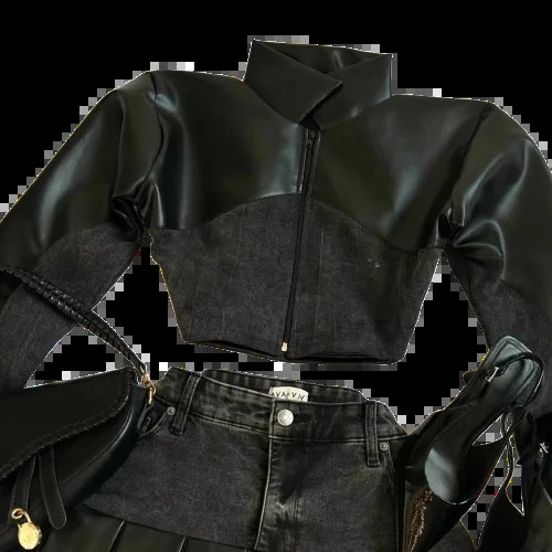 Leather patch work denim twopiece set womens Y2K retro leather cloth jacket ultrathin fashion cutting top long sleeved zipper 250122