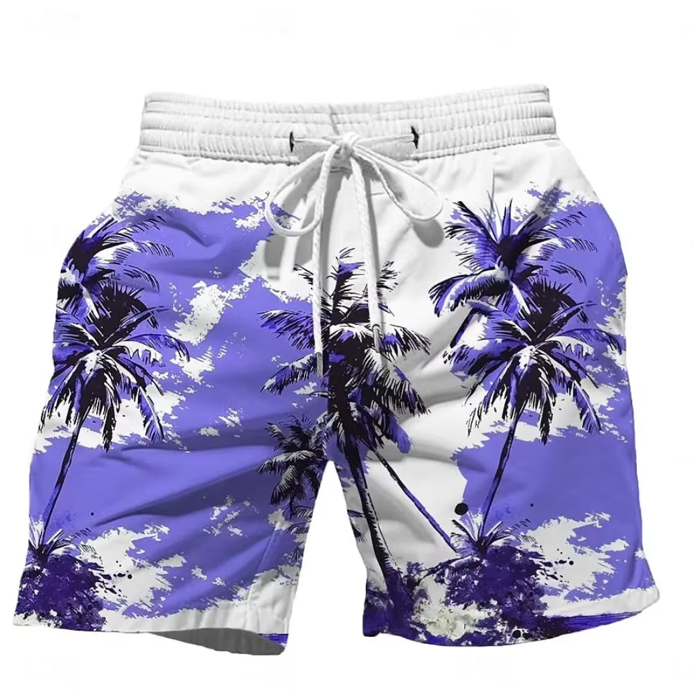 New4 Summer Oversized Casual Men's Drawstring Quick Dry Hawaii Holiday Sports Swimming Trunks Coconut Tree Printed Shorts