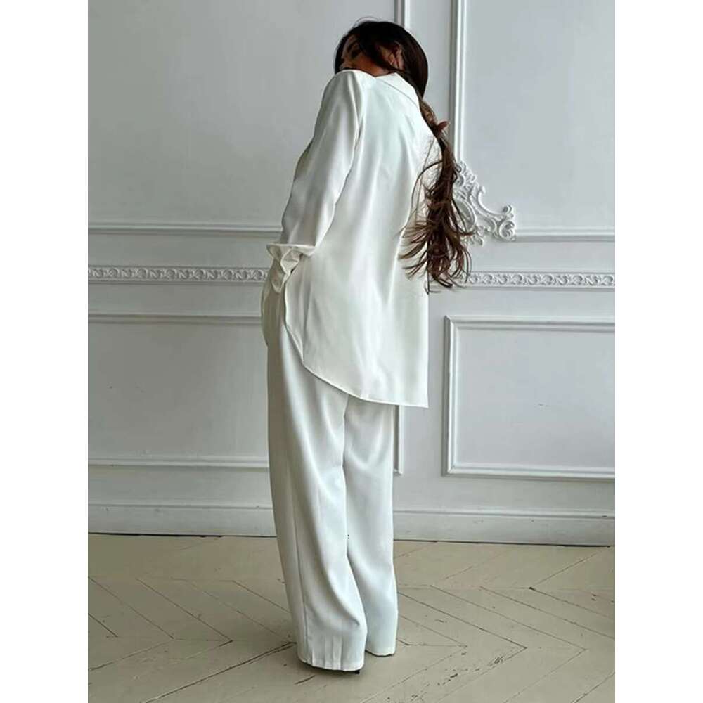 Autumn New White Thin Blazer Suits For Women Long Sleeve Asymmetrical Blazers+Wide Leg Trouser Casual Elegant Two-Piece Set