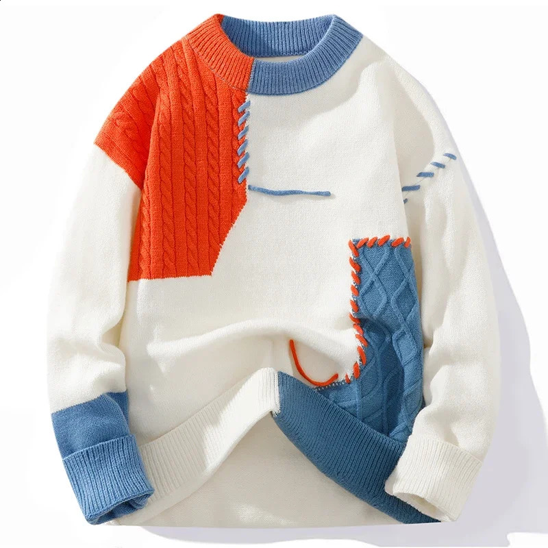 Autumn Winter Color Matching Sense Stitching Crew-neck Knitting Couple Fashion Plus Fleece Pullover Sweater 250116
