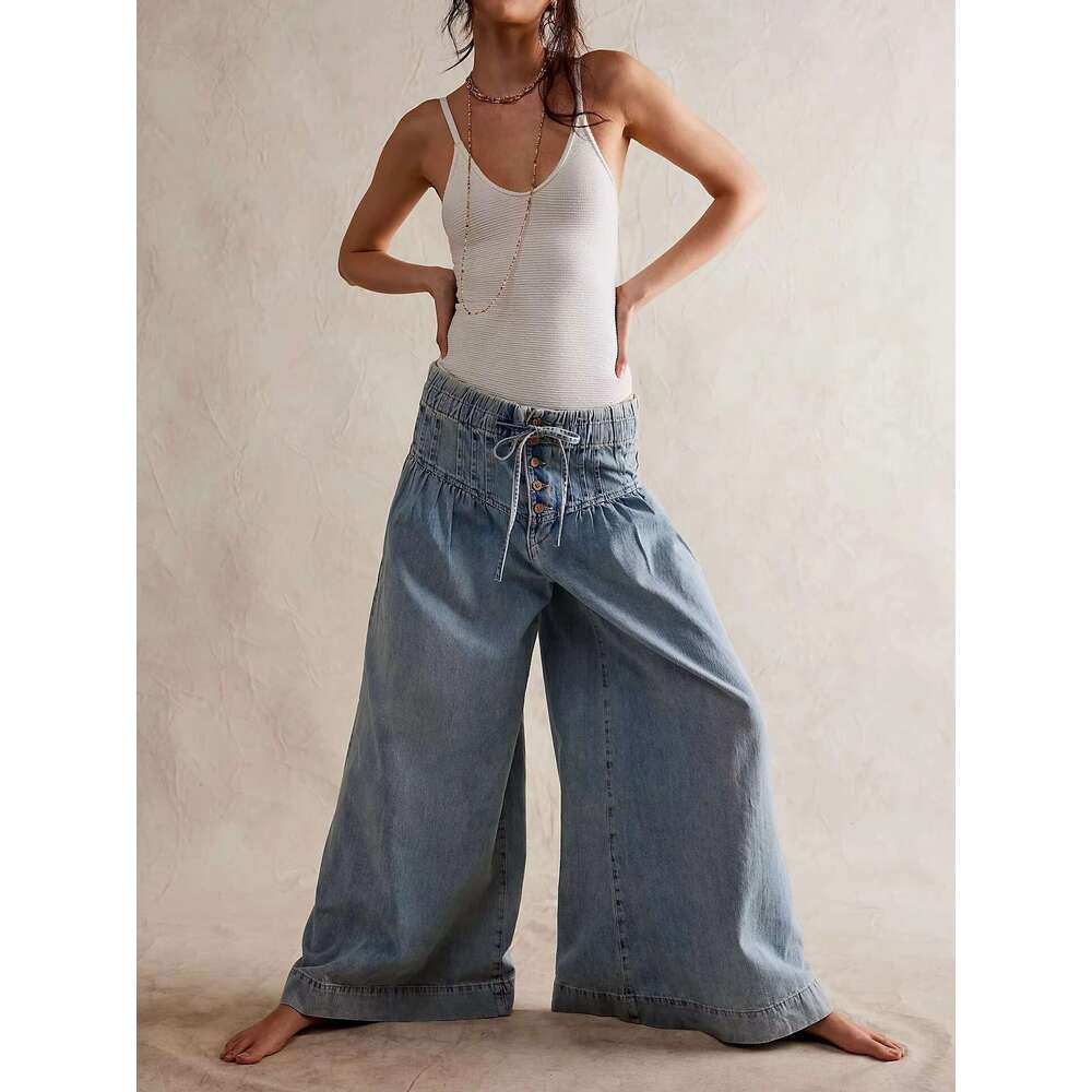 Free Style Full Length Mid Waist Boho Folds Cotton Hippie Wide Leg Pants 3Xl Trousers Chic People Jeans